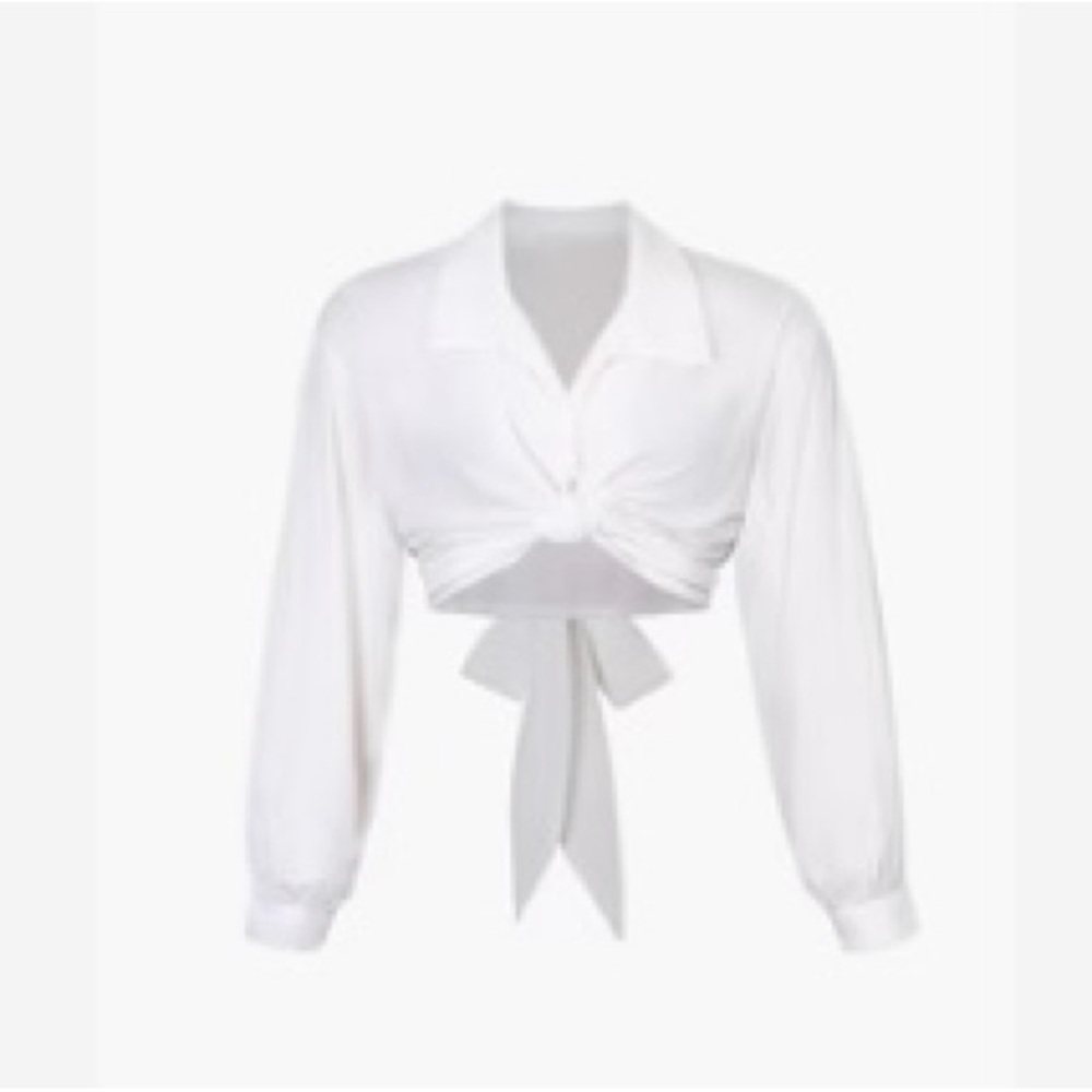 Bow tie crisscross waist cropped white blouse button down top. NWOT.
